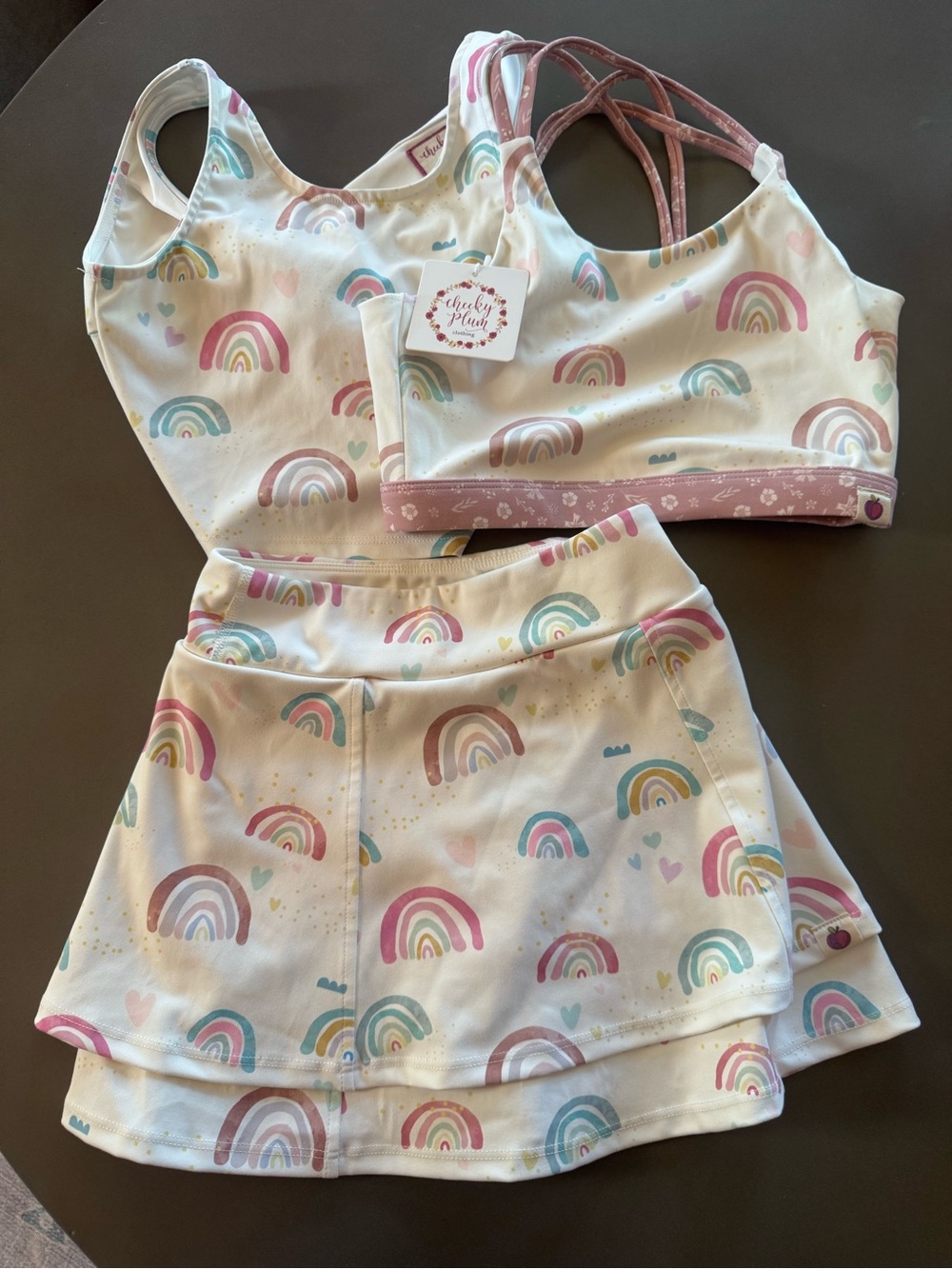 cheeky plum White Rainbow Print Girls Matching Skort & Tank Set (3 Pieces)